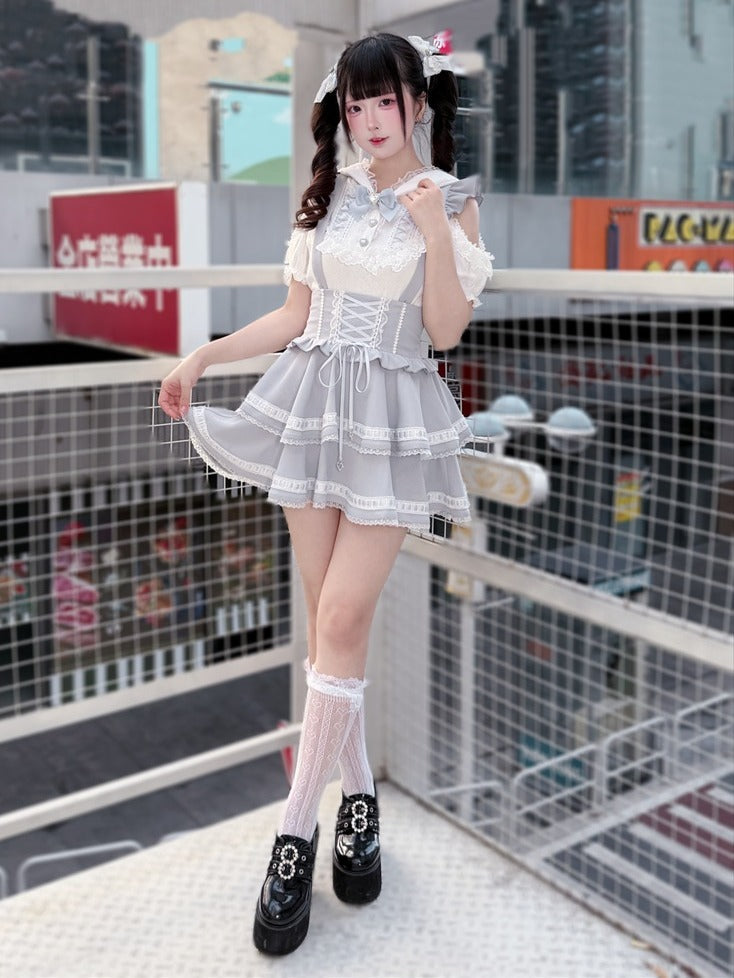 Light Dusty Blue Double-Layer Overall Skirt with Lace Trim - Puppet Bombs | CoyBunny