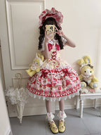 Teddy and Strawberry Print Yellow Sweet Lolita JSK Dress with Lace Trims and Bow Accents - Miss Han | CoyBunny