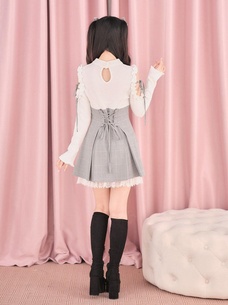 White Cut-Out Shoulder Knit Plaid Dress with Lace Trim - No Genki | CoyBunny