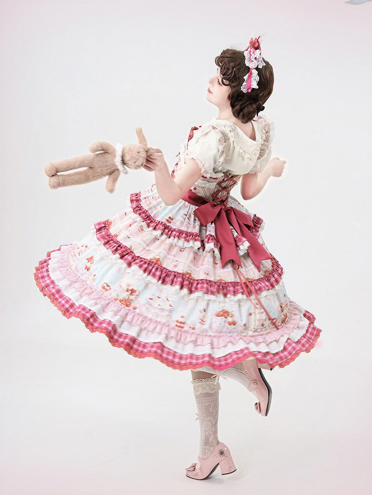 Pink Cherry Cake Print Sweet Lolita Dress with Layered Ruffles - Strawberry Fantasy | CoyBunny