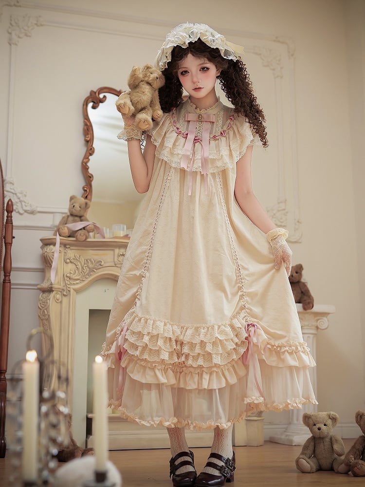 Beige Rosette Jacquard OP Dress with Ruffles - With PUJI | CoyBunny