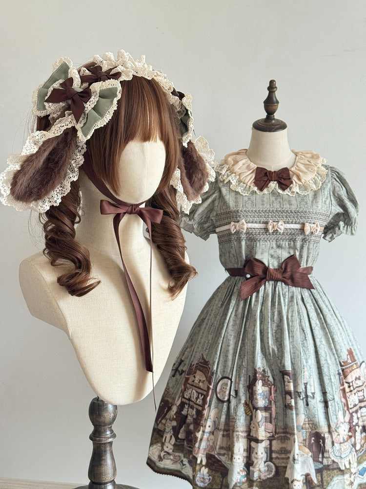 Green-Brown Lace Bow Hairband with Bunny Ears - MAID Lolita Headpieces | CoyBunny