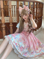 Ears Bow Pink Big Neckline JSK Sweet Lolita Dress Adorable Mouse Print Mouse Design - To Alice | CoyBunny