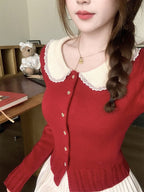 Red Knit Peter Pan Collar Cardigan with Lace - Qchiwawameme | CoyBunny