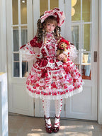 Red Bell Sleeves Sweet Lolita OP Dress with Teddy and Cake Print - Miss Han | CoyBunny