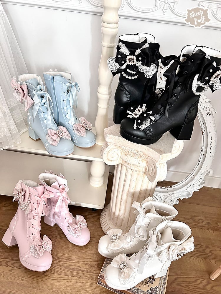 Black Sweet Lolita Boots with Beaded Bow - Sheep Puff | CoyBunny