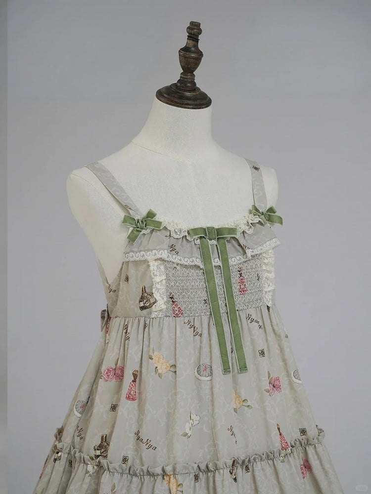 Green Cat Print High Waist Sweet Lolita Jumper Skirt - NyaNya | CoyBunny