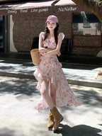 Pink Butterfly Print Dress with Asymmetrical Hem - Qchiwawameme | CoyBunny