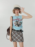 Light Blue Retro Puppy Print Ruched Sleeveless Top - Girlyhalo | CoyBunny