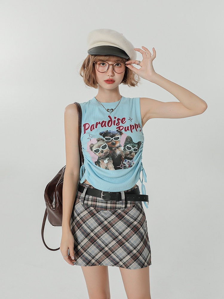 Light Blue Retro Puppy Print Ruched Sleeveless Top - Girlyhalo | CoyBunny