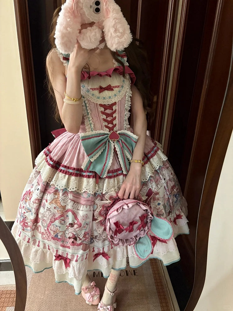 Pink & Green Alice Cat Vibes Sweet Lolita Jumper Skirt with Polka-dot Apron - Mewroco | CoyBunny