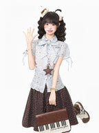 Blue Kawaii Star Plaid Short Sleeve Shirt with Bow - Languid Park | CoyBunny