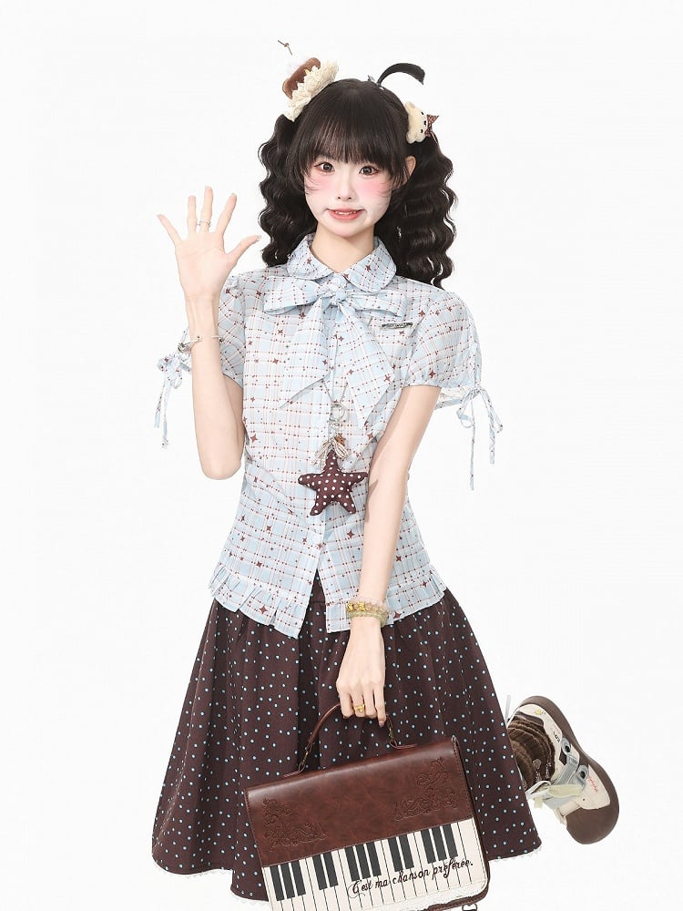 Blue Kawaii Star Plaid Short Sleeve Shirt with Bow - Languid Park | CoyBunny