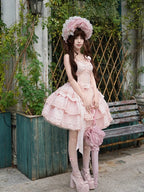 Light Pink Layered Ruffle Boned Lolita JSK Dress with Flower Accents | Meng Fu Zi | CoyBunny