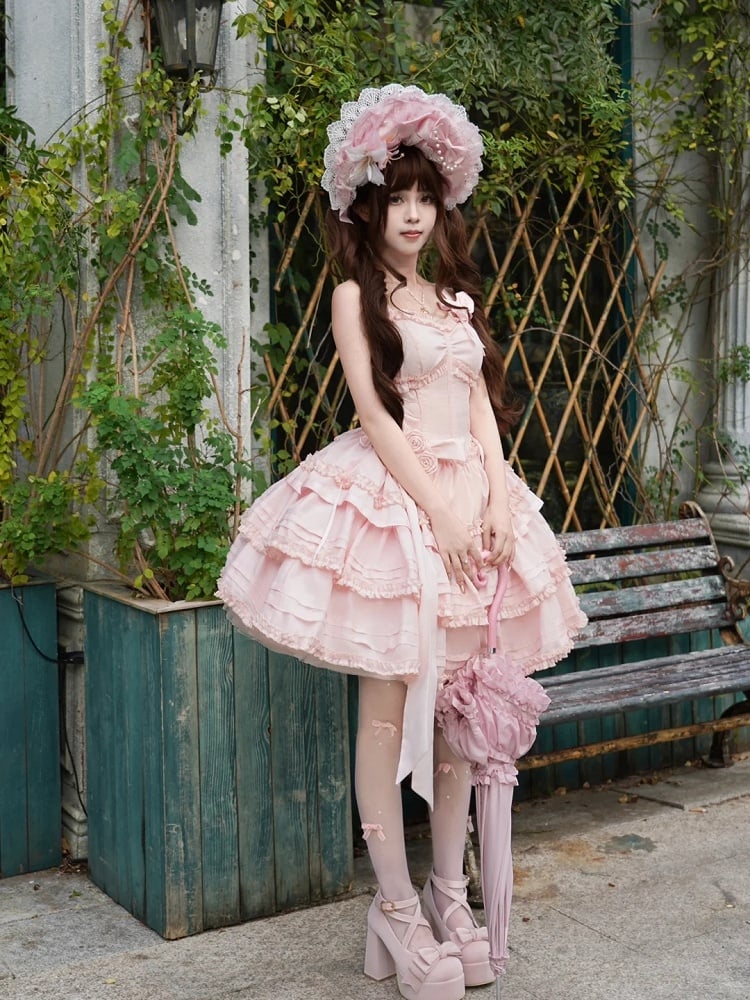 Light Pink Layered Ruffle Boned Lolita JSK Dress with Flower Accents | Meng Fu Zi | CoyBunny