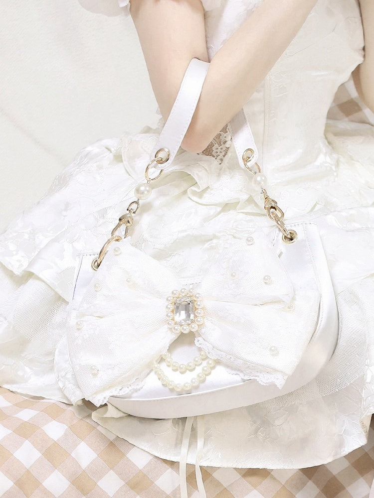 Sweet Lolita Satin Shoulder Bag with Sparkling Beaded Bow - Sheep Puff Bag | CoyBunny