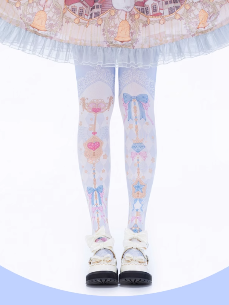 Yume Kawaii Blue Diamond Print Bow Print Sweet Lolita Over Knee Stockings | CoyBunny
