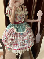Pink & Green Alice Cat Vibes Heart-shaped Patch Sweet Lolita Dress with Apron Belt - Mewroco | CoyBunny