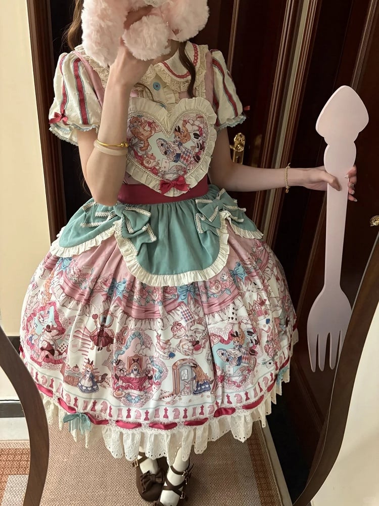 Pink & Green Alice Cat Vibes Heart-shaped Patch Sweet Lolita Dress with Apron Belt - Mewroco | CoyBunny
