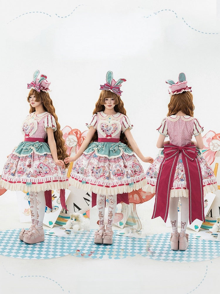 Pink & Green Alice Cat Vibes Heart-shaped Patch Sweet Lolita Dress with Apron Belt - Mewroco | CoyBunny