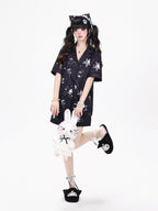 Black Daily Kawaii Bunny Print Loungewear Set Short Sleeve Top Shorts - CRAZY GIRL | CoyBunny