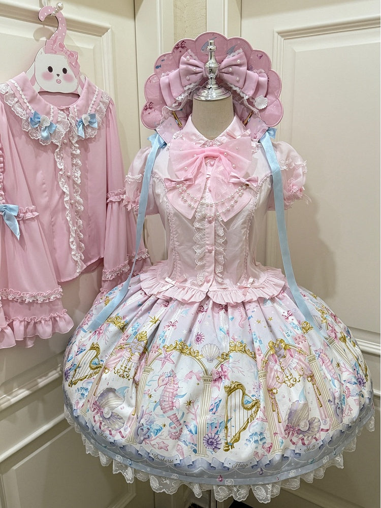Seashell and Starfish Print Pink Sweet Lolita Skirt with Removable Straps | CoyBunny