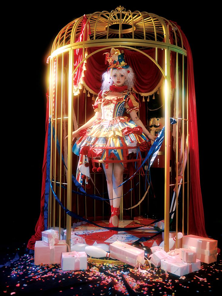 Red and blue bunny circus Sweet Lolita JSK dress ¨C coordinated styling