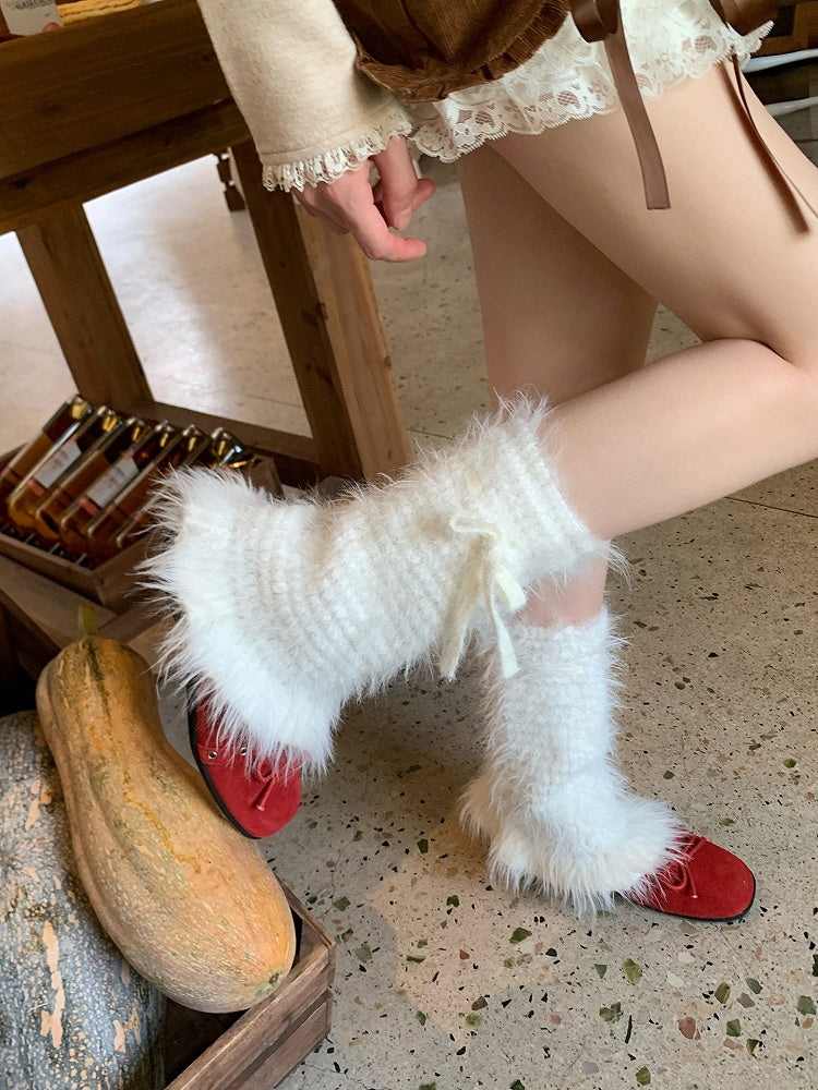 Fluffy Knit Bow Leg Warmers - Sweet Lolita Kawaii Accessory | LilyVow | CoyBunny