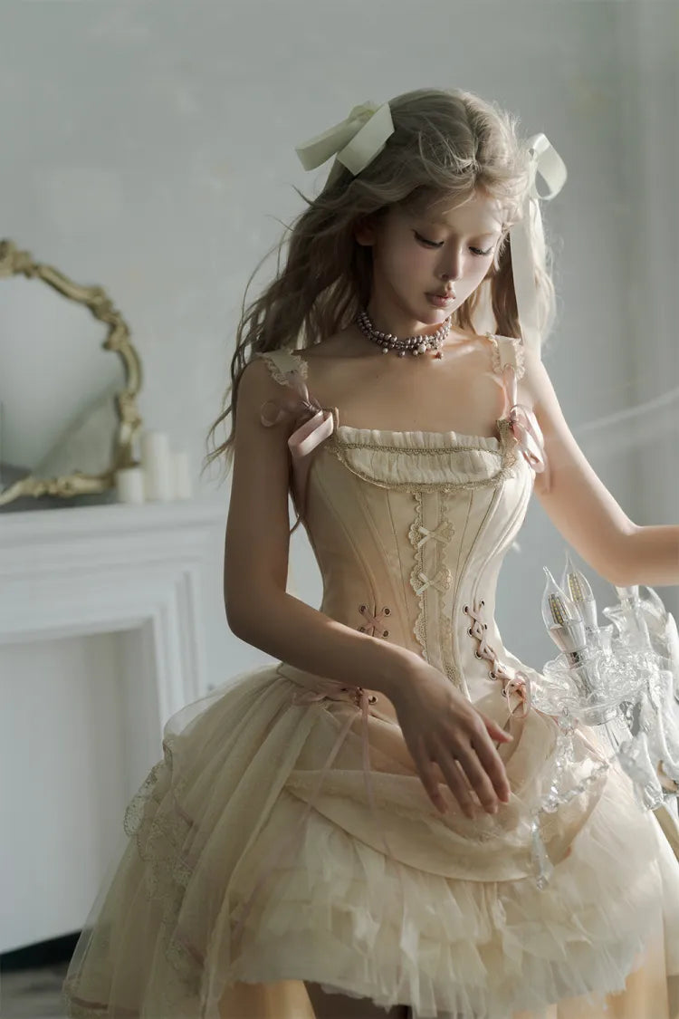 Champagne Lace-up Corset Top + High-low Layered Lolita Skirt (S-XL) | CoyBunny