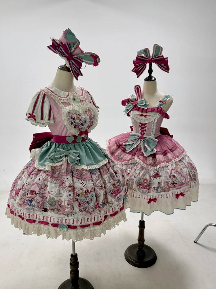 Pink & Green Alice Cat Vibes Heart-shaped Patch Sweet Lolita Dress with Apron Belt - Mewroco | CoyBunny