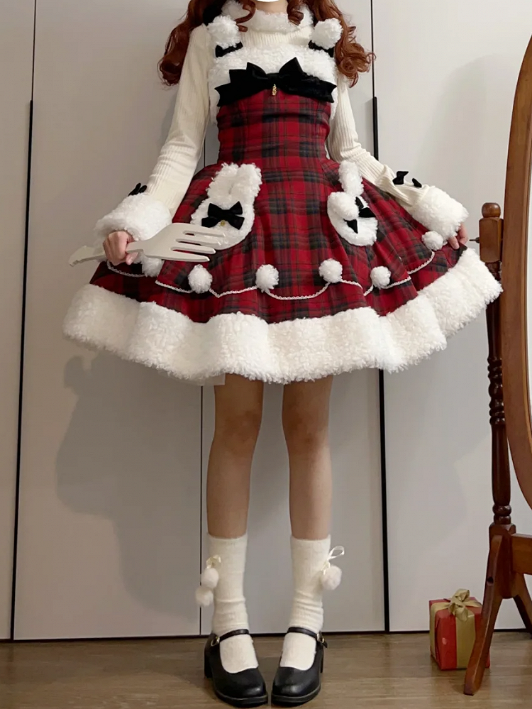 Red Plaid Pattern Winter Bunny Theme Christmas Lolita Dress Plush Neckline and Hemline | CoyBunny