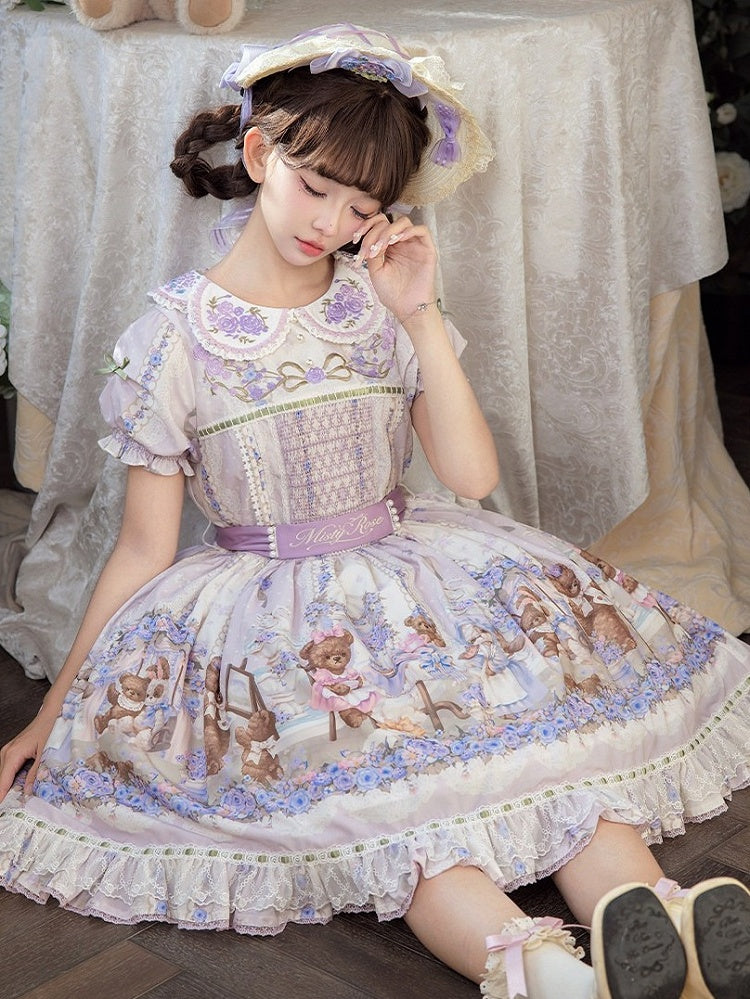 Cute Bear Print OP Dress with Purple Floral Embroidery, Doll Collar & Puff Sleeves - Stars Fall on the Foggy Island | CoyBunny