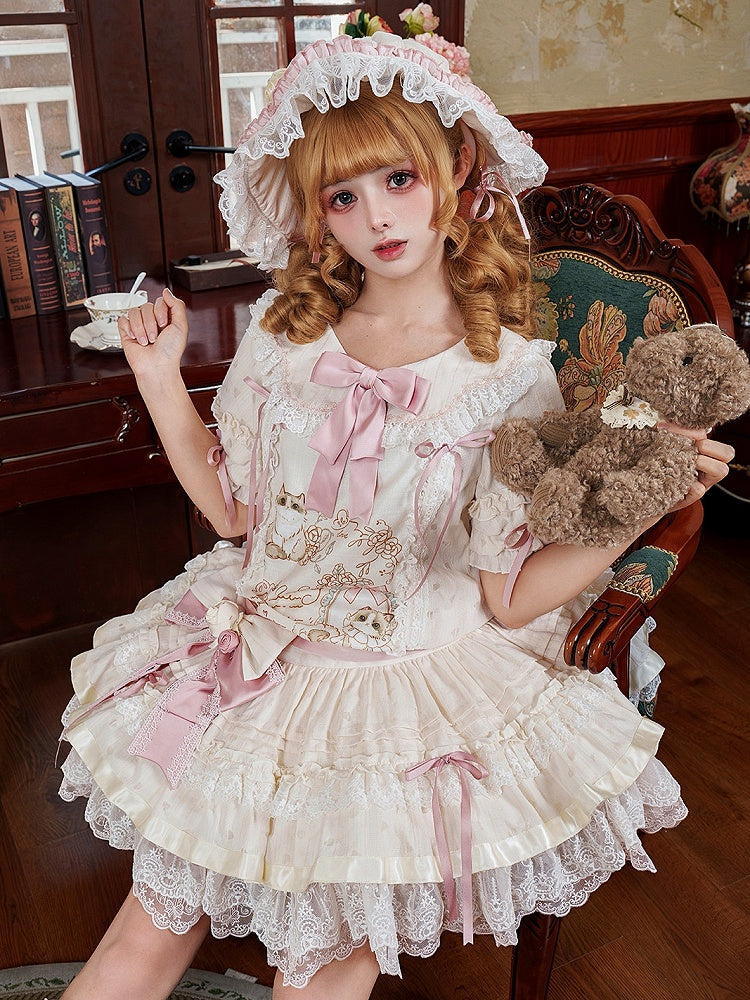 Beige & Pink Low Waist Dollcore Lolita OP Dress with Cat Print & Ribbon - Mirror Ragdoll | CoyBunny