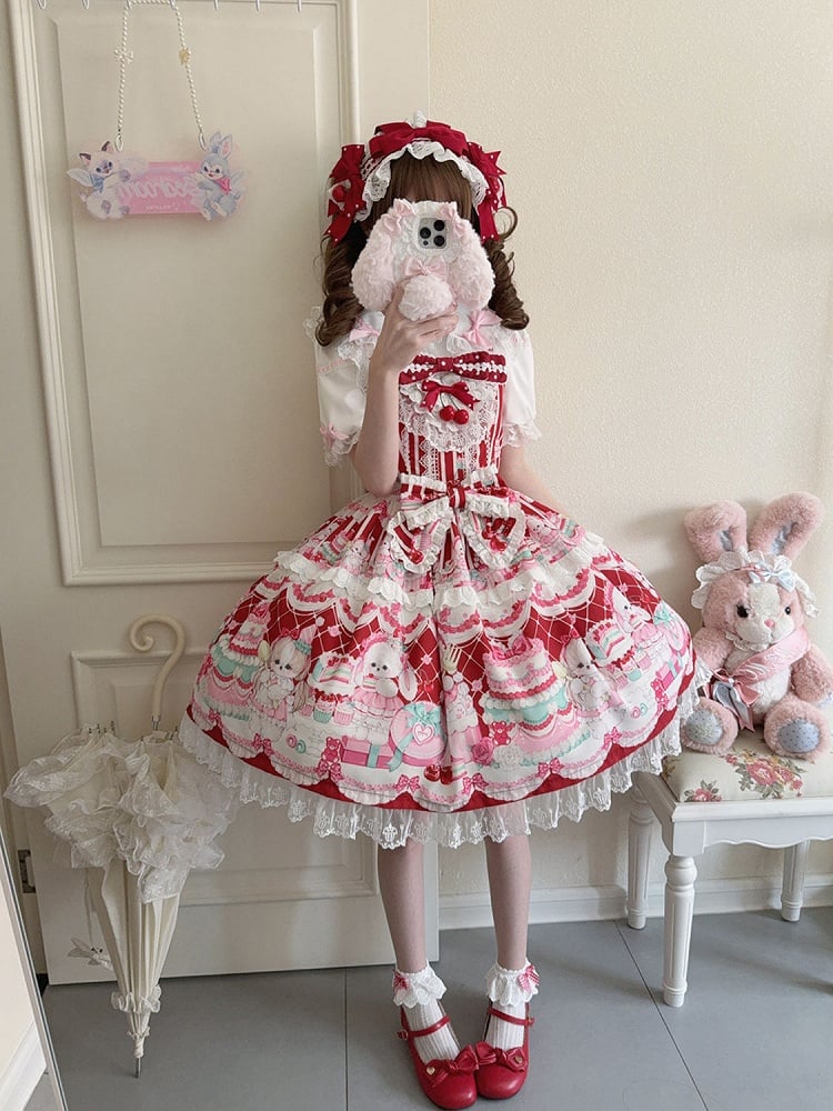 Crimson Bunny Cherry Print Sweet Lolita Jumper Dress - Miss Han | CoyBunny