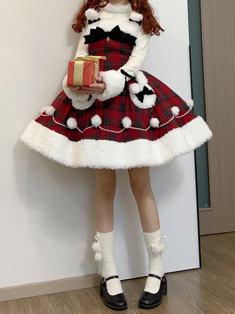 Red Plaid Pattern Winter Bunny Theme Christmas Lolita Dress Plush Neckline and Hemline | CoyBunny