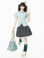Green Plaid Short Sleeve Shirt with Kitty Embroidery - Languid Park | CoyBunny