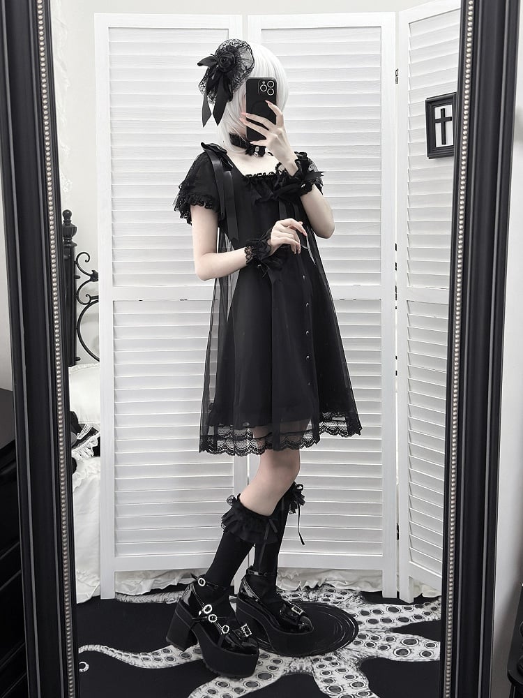 Gothic Square Neck Dress with Bow Accents - Ekomi | CoyBunny