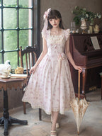 Graceful Pink Floral Lace JSK Dress with Brooch Set | CoyBunny