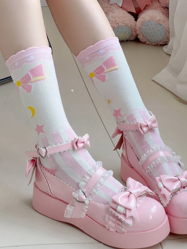 Sweet Lolita Striped Calf Socks with Bow, Star and Moon Print | CoyBunny