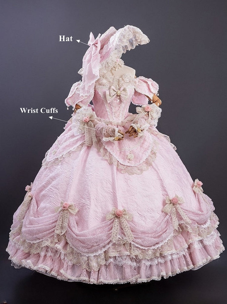 Pink Off-Shoulder Lolita Lace Gown with Ruffles and Bows - Hinana Queena | CoyBunny