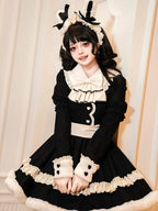 Black Long-Sleeve Plush Collar and Cuffs Sweet Lolita OP Full Set | CoyBunny