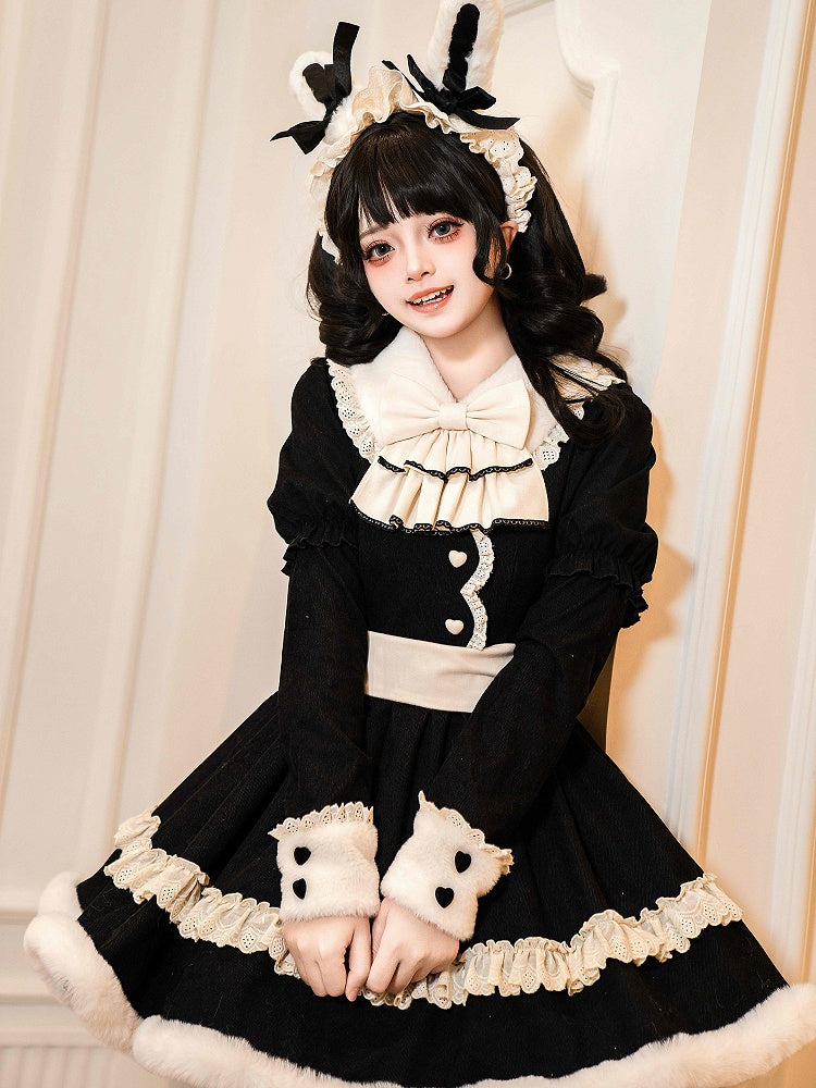 Black Long-Sleeve Plush Collar and Cuffs Sweet Lolita OP Full Set | CoyBunny