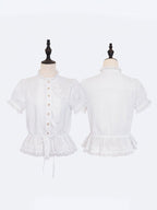 White Single-Sided Ruffles Elegant Lolita Blouse with Drawstring Belt | CoyBunny