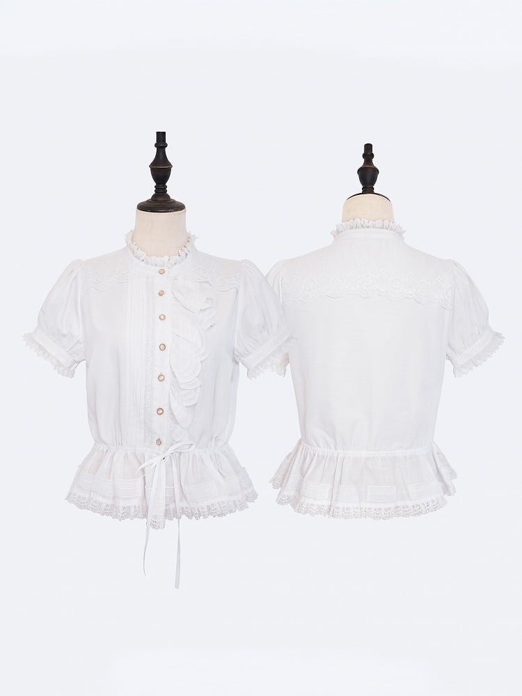 White Single-Sided Ruffles Elegant Lolita Blouse with Drawstring Belt | CoyBunny