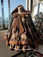 Brown Plaid Pattern Self-tie Big Bow Neckline Hooded Cape Coat | CoyBunny