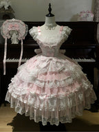 Pink Hanayome Tiered Lolita JSK Dress with Bows & Lace Trim - Set Includes Bonnet & Back Bow | CoyBunny