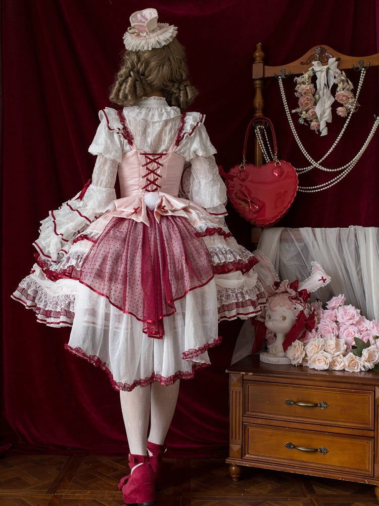 White Ruffled Neck Lolita Tiered Bell Sleeves Blouse Red Bows - Starry Messenger | CoyBunny