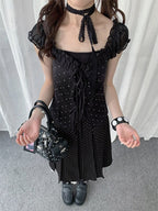 Black Square Neck Puff Sleeve Top with Tie Details - Solkatt | CoyBunny
