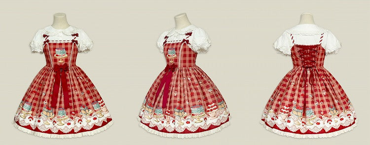 Red Gingham Print Cherry and Dessert Sweet Lolita Jumper Skirt | CoyBunny