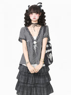 Gray Plaid V Neck Short Sleeve Top - Languid Park | CoyBunny